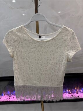 Divided Cream Lace Fringe Crop Top